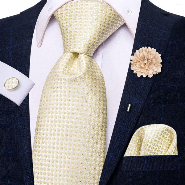 Corbatas de lazo champán marfil sólido para hombre, corbatas de lujo de 8,5 cm de ancho, corbata de seda para boda, juego de gemelos cuadrados de bolsillo, broche de regalo para hombre, Hi-Tie