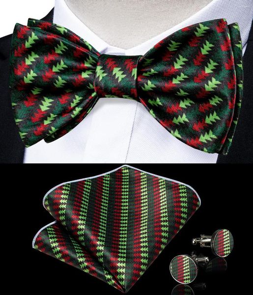 Pajaritas Navidad clásico verde pajarita para hombre bolsillo cuadrado juego de gemelos árbol rojo hombres corbata mariposa nudo fiesta familiar