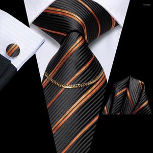 Vlinderdassen klassieke zwart oranje gestreepte luxe zijden heren stropdas mode stropdas ketting Hanky manchetknopen set cadeau voor mannen bruiloft Hi-Tie Designer