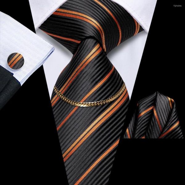 Pajaritas Clásico Negro Naranja Rayas Lujo Seda Corbata Moda Corbata Cadena Hanky Gemelos Conjunto Regalo Para Hombres Boda Hi-Tie Diseñador