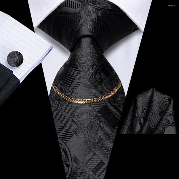 Noeuds papillon classique noir Paisley 2023 luxe soie hommes cravate mode cravate chaîne Hanky bouton de manchette ensemble cadeau pour mariage Hi-Tie Designer