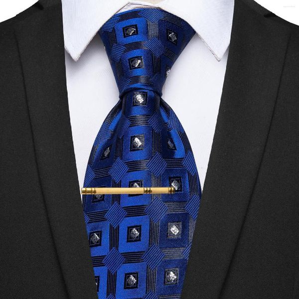 Corbatas de lazo clásicas a cuadros azules para Hombre, corbata de puntos plateados para Hombre, boda, uso diario, Corbatas Para Hombre de alta calidad