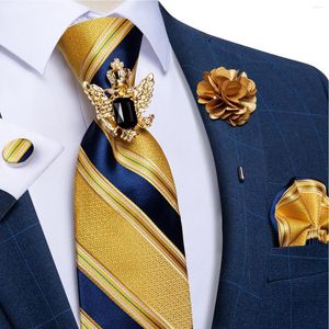 Noeuds papillon classique bleu rayé jaune pour hommes affaires formel cou cravate mouchoir boutons de manchette broche broche hommes ensemble Dorp