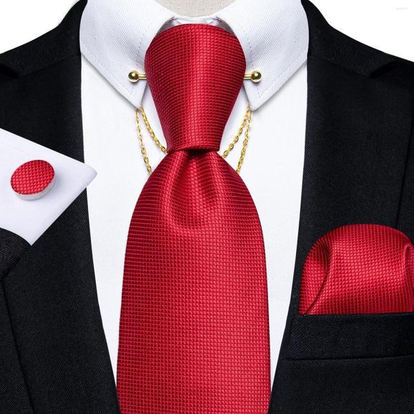 Pajaritas clásicas rojas sólidas para hombre, conjunto de corbata de seda de 8cm, gemelos cuadrados de bolsillo, accesorios de boda, cuello con cadena dorada