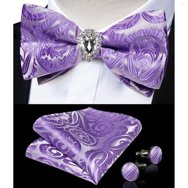 Pañuelos de lazo Corbata clásica para hombres Boda Púrpura Pre-atado Bowtie Gemelos Conjunto de anillo Fiesta Hombre Accesorios Seda Mariposa Nudo Regalo