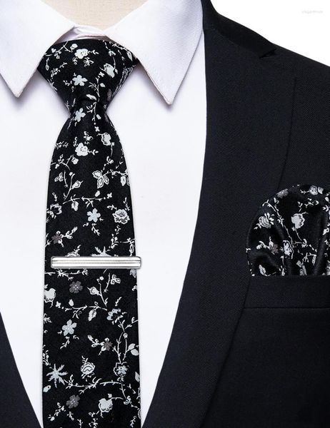 Pajaritas clásicas blancas florales negras para hombre, corbata de bolsillo con Clip cuadrado, corbata de algodón de lujo de alta calidad para hombre, fiesta de boda