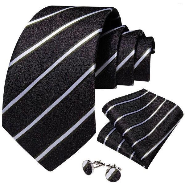 Pajaritas clásicas de seda negra a rayas blancas para hombre, 8cm, accesorios formales de negocios, conjunto de corbata, pañuelo, gemelos, regalo, venta al por mayor
