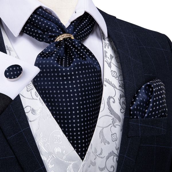 Pajaritas Diseño Hombres Corbata de seda Navy Dot Formal Ascot Tie Pañuelo Conjunto con anillo Boda Formal Self Tie Corbata DiBanGu 230210