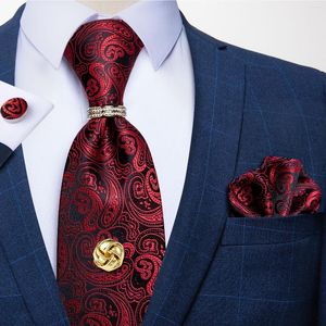 Noeuds papillon Design rouge Paisley hommes cravate luxe anneau poche carré boutons de manchette Tack cadeau pour hommes affaires fête cravate DiBanGu