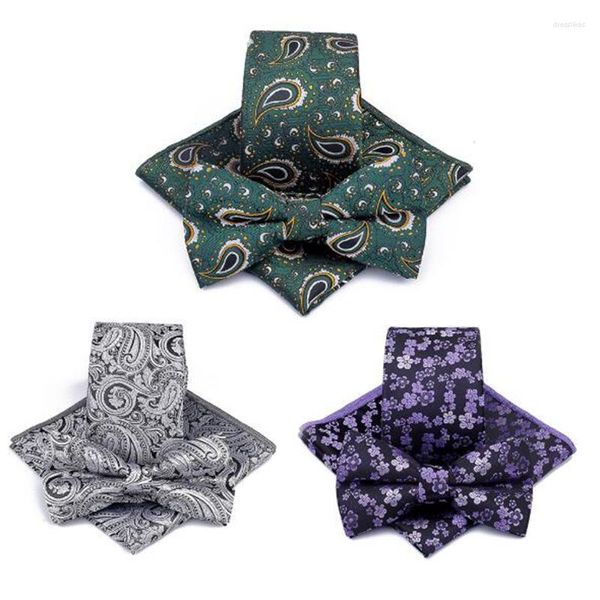 Noeuds papillon Designer 6cm Slim Pocket Square Bowtie Cravate Ensemble Jaune Bule Coloré Paisley Floral Polyester Maigre 3pcs Cravate Pour Hommes