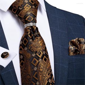 Boogbladen Dibangu Mens Neckite Gold Black Silk Wedding Tie For Men Paisley Design Fashion Bussiness Party Hanky ​​Cufflinks Ring Setbow Emel22