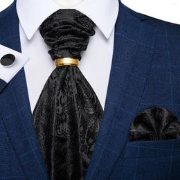 Papillon DiBanGu Mne's Nero Paisley Ascot Con Anello In Oro Fazzoletto Da Taschino Gemelli Festa Di Nozze Di Lusso Cravatta Unica Corbatas Para Hombr