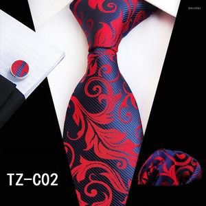 Bow Ties Fashion 8cm Tie en soie Ensemble Green Red Floral Jacquared Pocket Square Couffle Links Necd