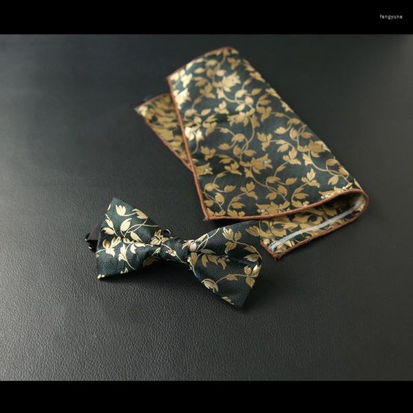 Pajaritas Moda Negro Para Hombres Seda Mariposa Pre-atado Corbata Bolsillo Cuadrado Traje Conjunto Floral Oro Pajaritas