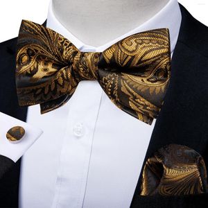 Bow Ties Fashion Gold Black Men's Bowtie Pocket Square Cufflinks Set for Wedding Party Business Pre-Tied Tie Man Shirt Accessoire