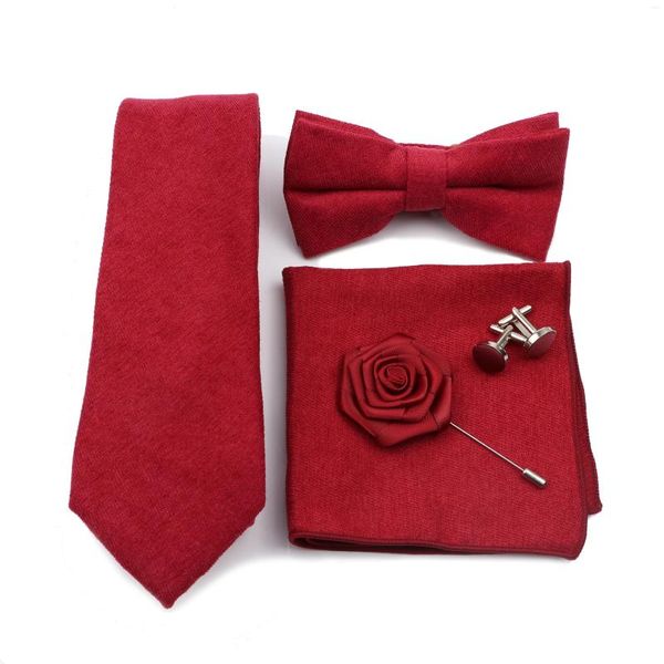 Corbatas de lazo Corbata de hombre de moda Conjunto de 5 piezas Color sólido Pana Rosa roja Bolsillo cuadrado Corbata Accesorios Desgaste diario Regalo de fiesta de boda para hombre