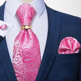 Boogbladen mode roze paisley zijden stropdas voor mannen met gouden ring hanky manchetknopen 8 cm stroptie set zakelijke bruiloft cravat dibangu