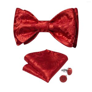 Bow Ties Fashion Red Men's Paisley Bowtie Pocket Square Cufflinks Set for Party Business Bread Bruidy Silk Self-Tie Tie Cadeau