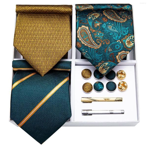 Bow Linds Fashion Teal Green Gold Paisley 3 Pazca de seda de seda de seda de seda Tada de boda Hanky ​​gemelos set de regalo de regalo