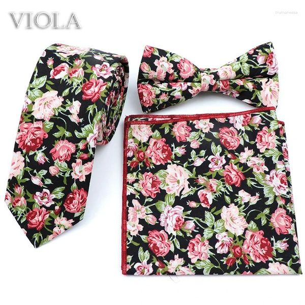 Bow Ties Floral Algodón Floral 6cm Corbalo Sets Bowtie Pocket cuadrado Blue Black Men Black Fiesta de boda delgada