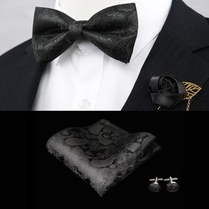 Pajaritas Floral Paisley seda tejida hombres mariposa corbata negra pajarita gemelos Boutonnier bolsillo cuadrado pañuelo Hanky Suit Set