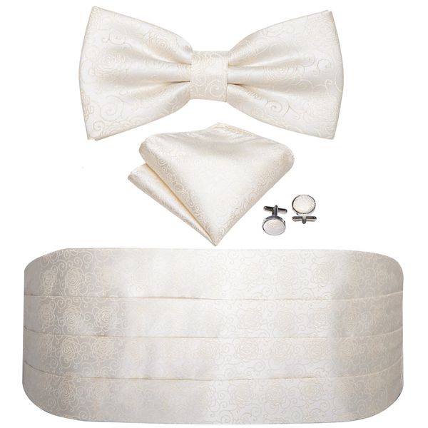 Pajaritas para hombre Paisley blanco cremoso Cummerbund Pajarita Conjunto floral de seda Gemelos cuadrados de bolsillo Formal para traje de esmoquin Barry.WangYY-1006 231013