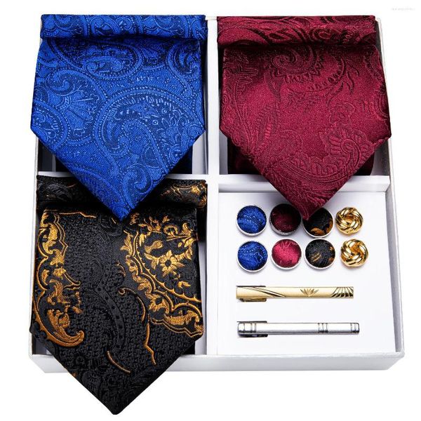 Pajaritas caja de regalo paquete 3 uds moda hombres rojo negro azul Paisley hombres negocios boda corbata pañuelo gemelos DiBanGu