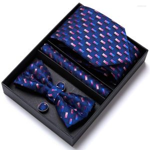 Corbatas de lazo Caja de regalo Embalaje Corbata de hombre de seda a cuadros púrpuraCorbata de moñoHankyCufflinks Corbata de grupo Gravata