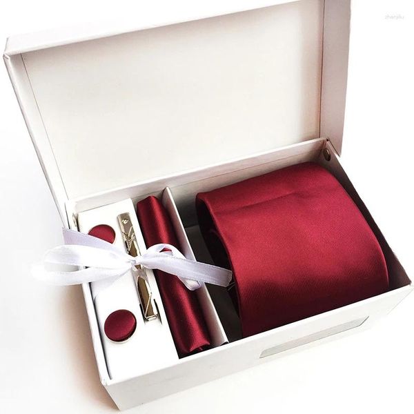 Conjunto de regalo de pajaritas para hombre en una caja, corbatas de negocios de fiesta de boda rojas de lujo, pañuelos, gemelos, traje tejido de Jacquard de seda