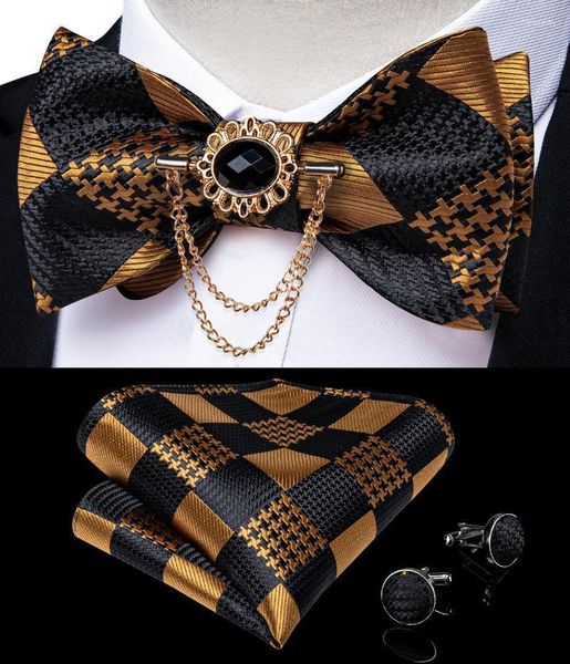 Pañuelos de lazo Oro Negro Cheque Hombres Tejido Seda Boda Auto Corbata Pañuelo Broche Pin Set Fiesta Mariposa Corbata # 3004 DiBanGu Fier22