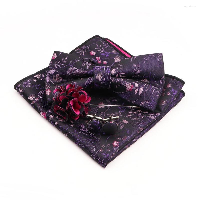 Arco laços graciosamente poliéster lenço conjunto roxo azul floral borboleta bowtie cufflink broche para festa terno vestido acessórios presente
