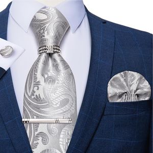 Boogbladen grijs zilveren tie zakdoek set pocket square ring clip bruiloft mannen accessoires zijden nek cadeau voor menbow