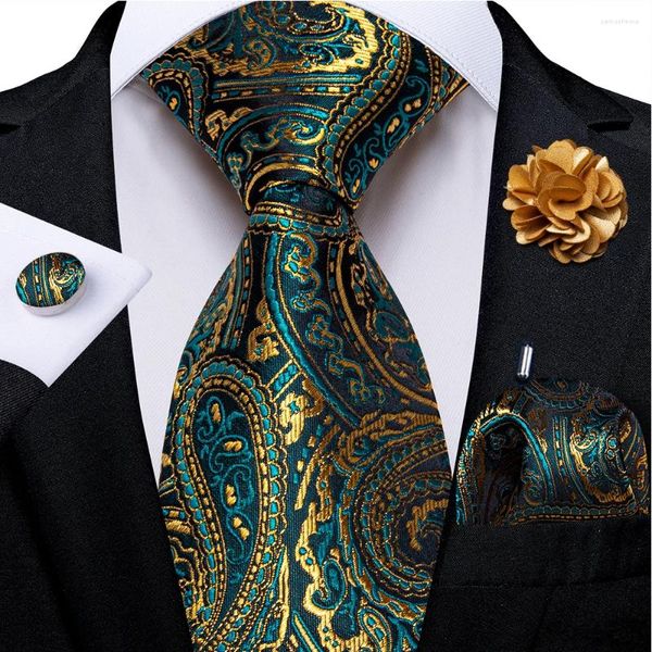 Pañuelos de lazo Paisley verde y dorado Seda para hombres Broche Pin Pañuelo Gemelos Trajes de fiesta de boda de negocios Accesorios para el novio Regalo