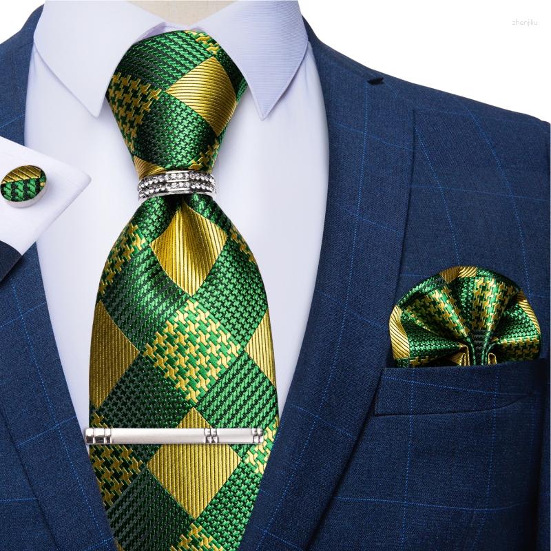 Noeuds papillon vert or Plaid 8 cm cravate avec Clips en argent anneau fête de mariage poche carré boutons de manchette hommes accessoires Gravata