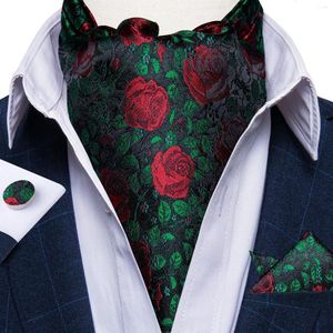 Nœuds papillons en soie verte pour hommes, motif rose rouge, boutons de manchette carrés de luxe, mode affaires, mariage britannique, cravate de fête pour homme