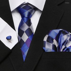 Boogbladen groene stropdas set 7,5 cm blauw geruite stropdas gravata pocket square zakdoek manchetknopen pak voor bruiloft