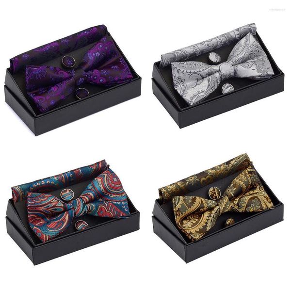 Pajaritas GUSLESON Conjunto de corbata preatada para hombre Paisley Floral Pocket Square Gemelos con caja de regalo para hombre Boda roja dorada