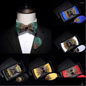 Cravates d'arc Gusleson Original Design Mens Cravate de plumes naturelles à la main Qualité Bowtie pré-nouée pour la fête de mariage avec boîte-cadeau Drop Deli Dhrfc