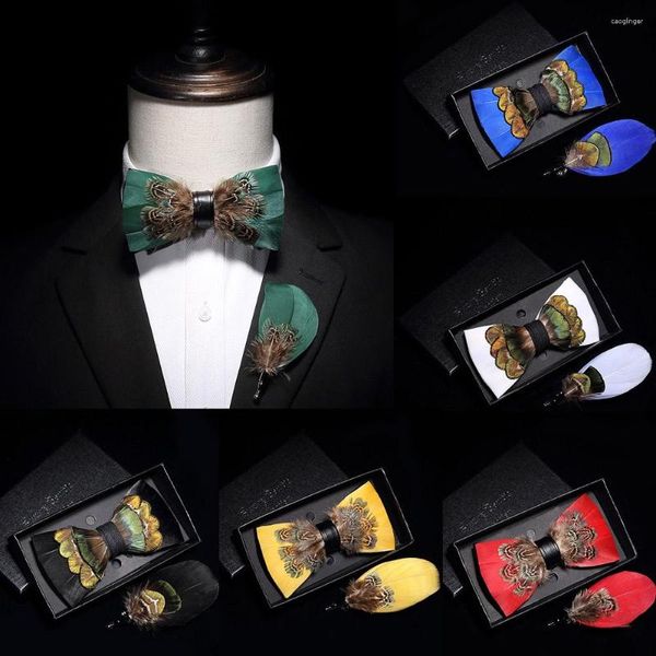 Pajaritas GUSLESON Diseño original para hombre Hecho a mano Pluma natural Corbata Calidad Pre-atado Bowtie para fiesta de boda con caja de regalo