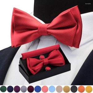 Noeuds papillon GUSLESON Noeuds papillon de qualité pour mariage Hommes Couleur unie Cravate pré-nouée à deux couches et boutons de manchette carrés de poche Ensemble avec boîte-cadeau Donn22