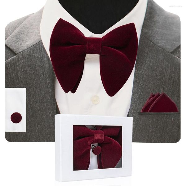 Corbatas de lazo GUSLESON, corbata grande de terciopelo, pajaritas para hombre, juego de gemelos cuadrados de bolsillo con caja de regalo, corbata amarilla roja sólida para boda de hombre