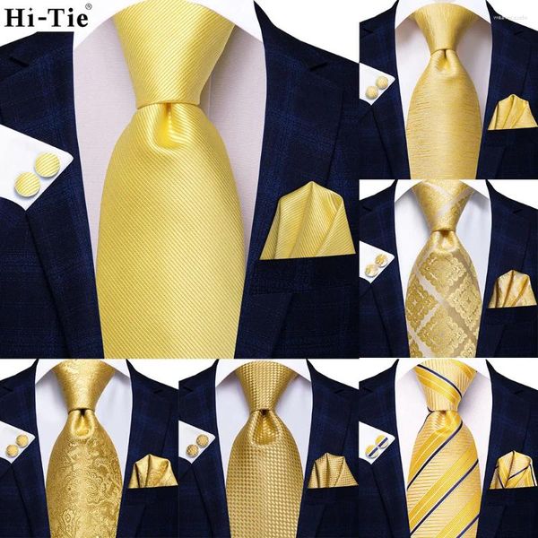 Cravates d'arc Hi-Tie 2024 Designer Jaune Solide Classique Marque De Mode Cravate Pour Hommes De Mariage Cravate Handky Boutons De Manchette Cadeau En Gros