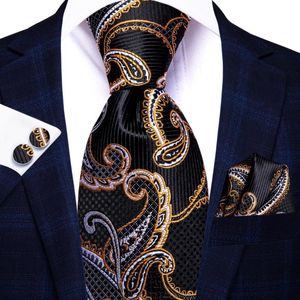 Pañuelos de lazo Hi-Tie Black Gold Paisley Seda Corbata de boda para hombres Handky Cufflink Diseñador de moda Regalo Corbata Business PartyBow BowBow