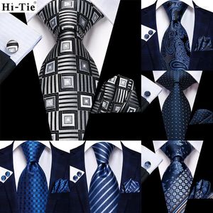 Bow Ties Hi-Tie Black Silver Pliad 63 pouces Silk Mens Extra Long for Men Woven Classic 160cm Coldie Pocket Square set Cuffinks