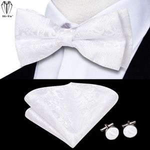 Pajaritas Hi-Tie Negro Blanco Plata Gris Marrón Seda Hombres Corbata Pañuelo Gemelos Conjunto Pre-atado Nudo de mariposa Pajarita ajustable Hombre