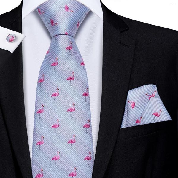 Cravates d'arc Hi-Tie Blue Animal Cartoon Flamingo Silk Cravate pour hommes Mariage 8.5cm pour hommes Design Hanky Boutons de manchette Qualité Cravate