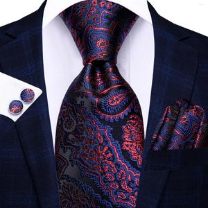 Bow Ties Hi-Tie Blue Bourgundy Paisley Business Heren Tie 8,5 cm Jacquard Ntralte accessoires Dagelijkse slijtage Cravat Wedding Party Hanky Cufflink