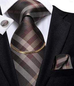 Bow Ties Hi-Tie Brown Plaid Business Mens Tie Silk Luxury Nickties Fashion Chain Hanky ​​Cufflinks Set Design Gift For Men Wedding