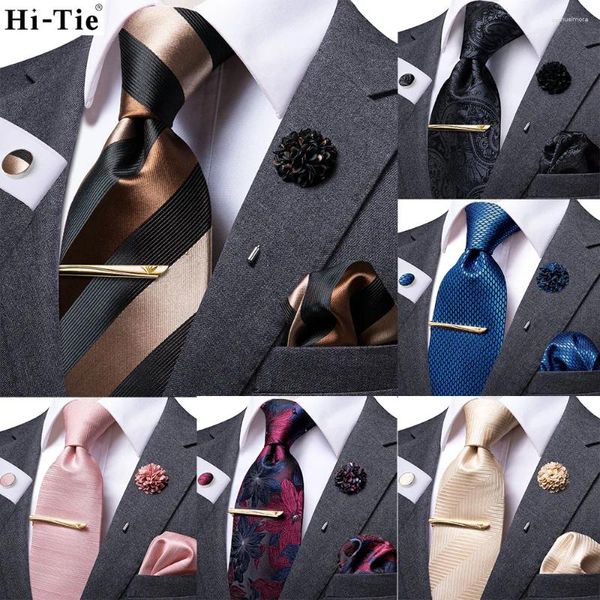 Bow Ties Business Hi-Tie Brown Black Striped Tie pour hommes Silk Men's Clip Boutonniere Hanky Couffe Links Set Gift Luxury Coldie