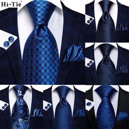Noeuds papillon Hi-Tie Designer Bleu Marine Rayé Solide Soie Hommes Mariage Cravate Cadeau Cravate Pour Qualité Hanky Cufflink Business Party Mode